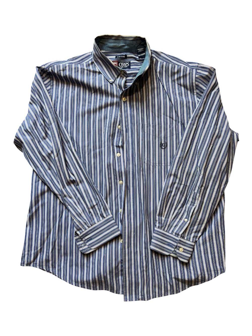 Chaps Mens XL Blue White Vertical Stripe Easy Care Button Down Shirt Long Sleeve